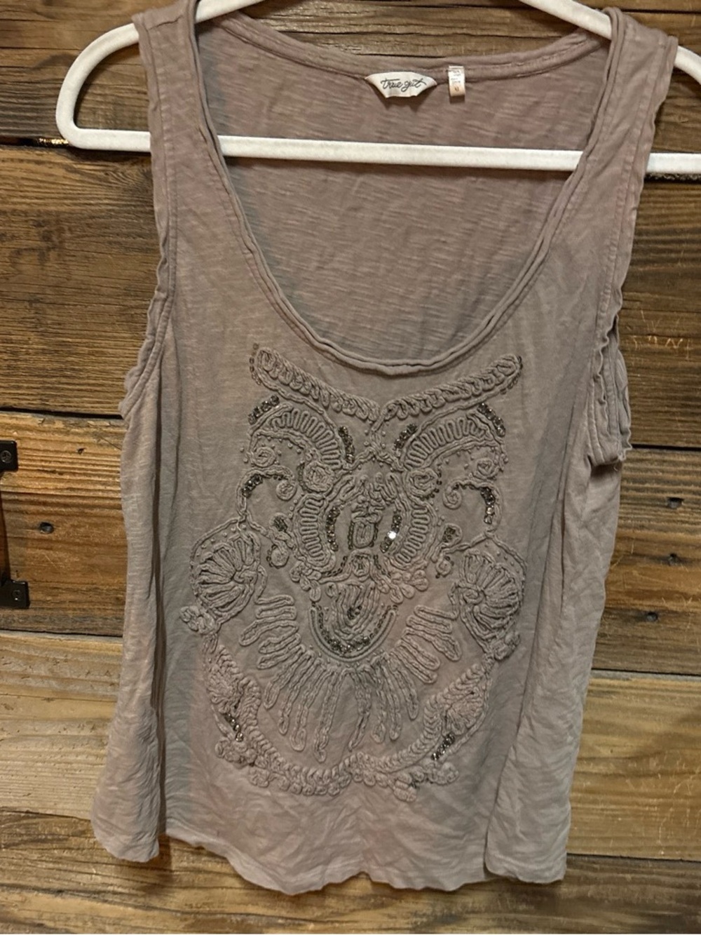 True Grit Taupe Embroidered Sequin Scoop Neck Tank